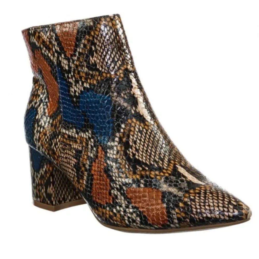 BAMBOO BELLFLOWER POINTED TOE SNAKE -SKIN MULTI-COLOR BOOTIES